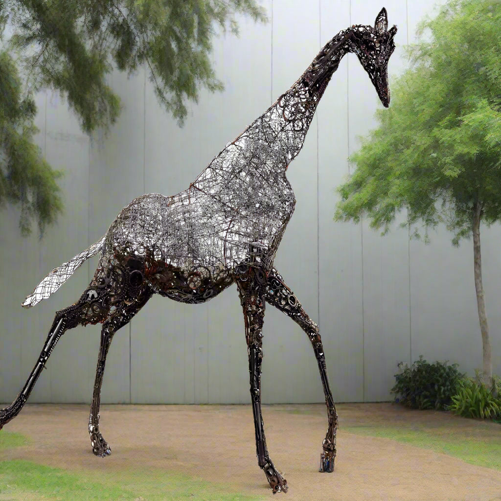 Life Size Giraffe Sculpture with garden background